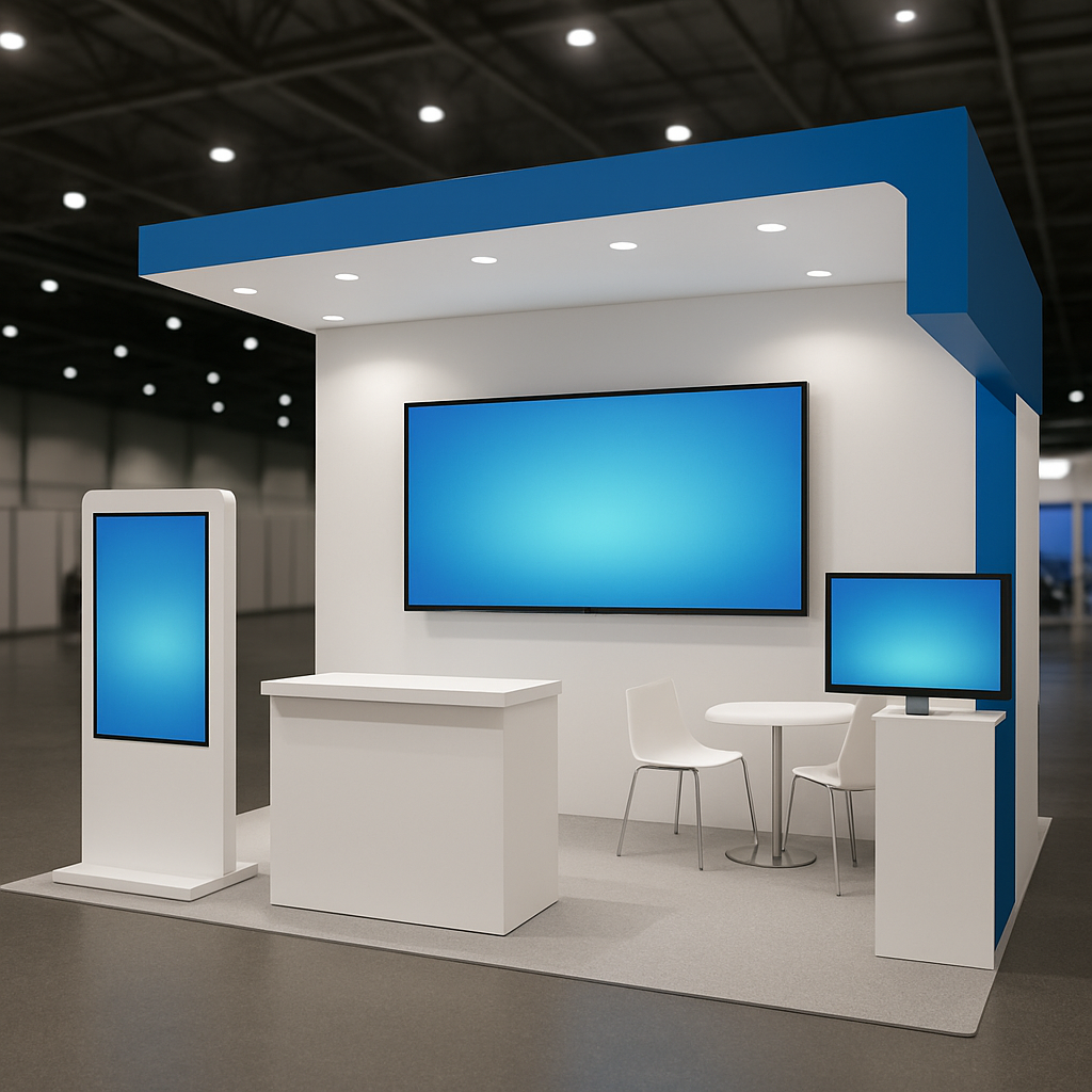 modern trade show booth with display kiosk
