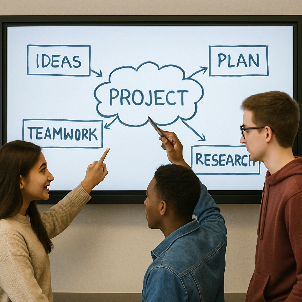 students collaboration in a large touch screen panel
