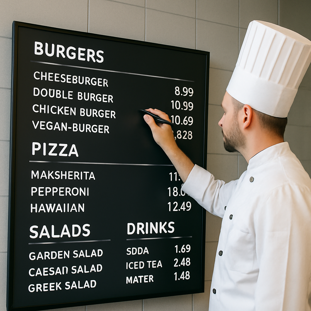 chef updating the digital menu board
