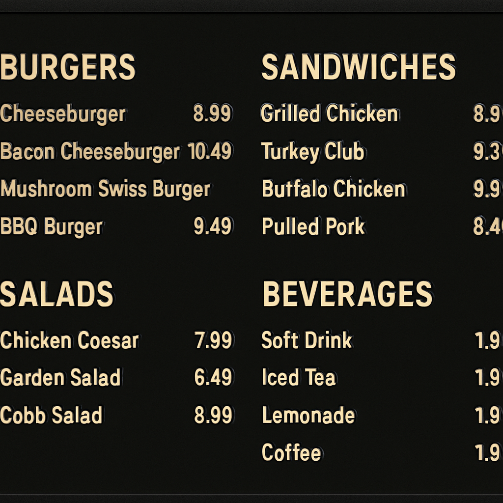 restaurant menu screen